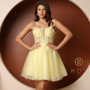 NEW LEMON OFF THE SHOULDER SLEEVELESS EMBROIDERY MINI GOWN WITH STRAPS NX T724